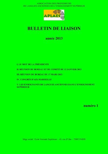 Bulletin de liaison de l'APLAES - AnnÃ©e 2013, nÂ° 1