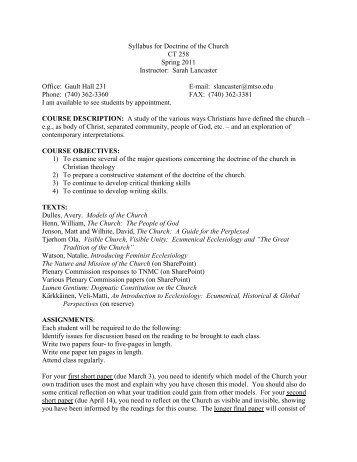 Syllabus for Doctrine of the Church CT 258 Spring 2011 Instructor ...