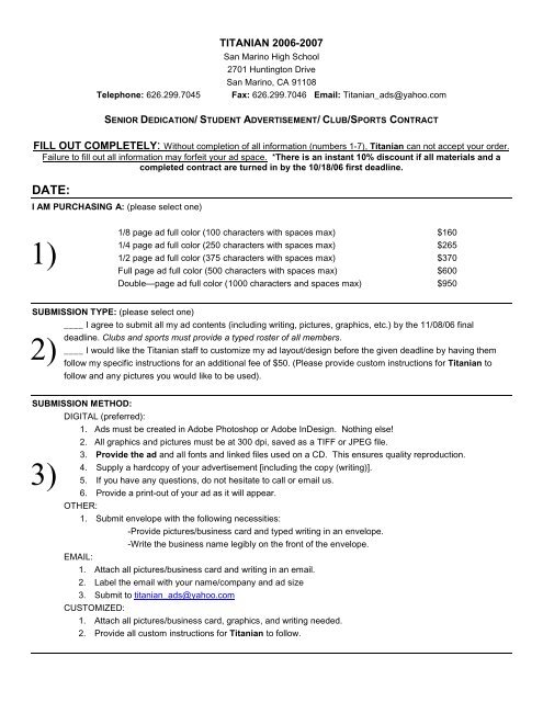 Yearbook Student Ad Contract - San Marino High School