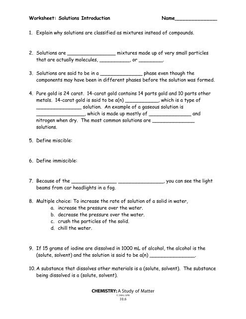 Solutions Introduction Worksheet