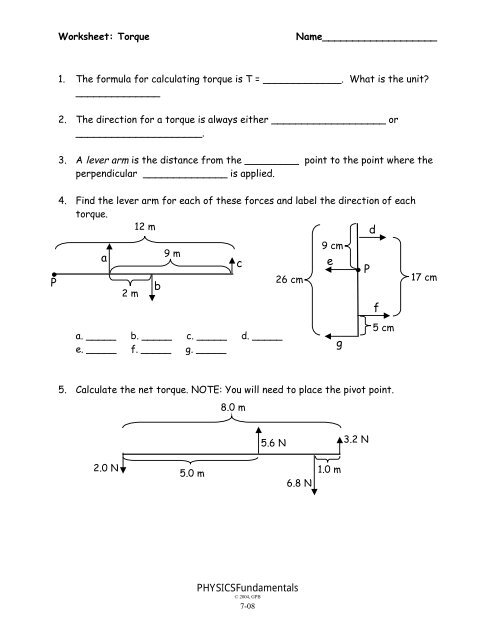 Torque Problems Worksheet With Answers Pdf