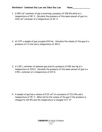 Worksheet Gas Laws  Chemistry At Central High School