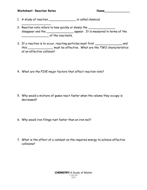 Reaction Rates Worksheet
