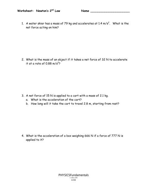 4-04,05 -Newtons 2nd Law Wkst