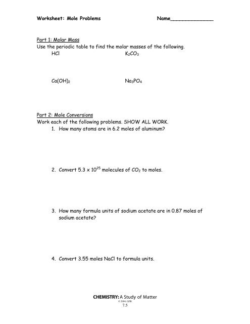 Worksheet: Mole Problems