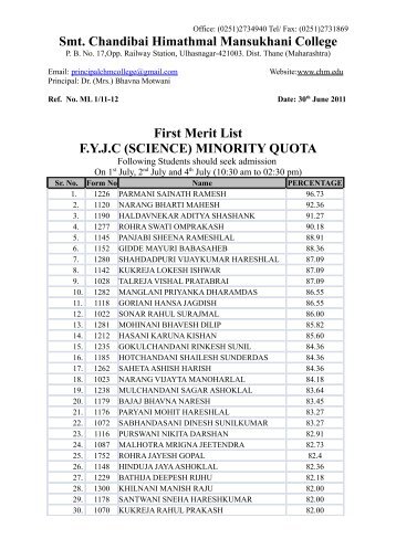 First Merit List - F.Y.J.C (Science) - Smt. Chandibai Himathmal ...