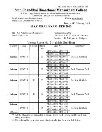 Time Table H.S.C Oral Exam. Feb 2013 - Smt. Chandibai Himathmal ...