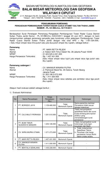 balai besar meteorologi dan geofisika wilayah ii ciputat - BMG - BMKG