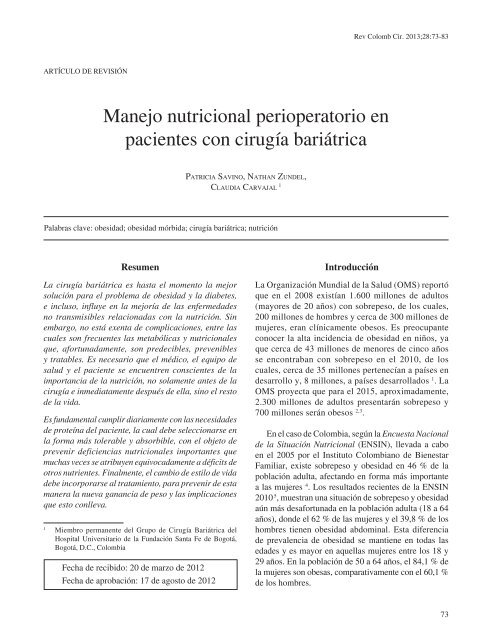 Manejo nutricional perioperatorio en pacientes con cirugÃ­a bariÃ¡trica