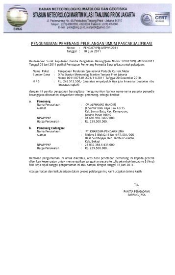 pengumuman pemenang pelelangan umum pascakualifikasi