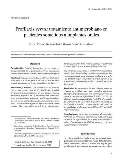 Profilaxis versus tratamiento antimicrobiano en ... - SciELO Colombia