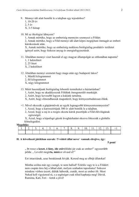 Curie TermÃ©szetismereti EmlÃ©kverseny 3-4. Ã©vfolyam TerÃ¼leti dÃ¶ntÅ ...