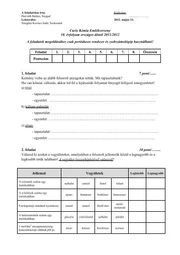 Curie KÃ©mia EmlÃ©kverseny 10. Ã©vfolyam orszÃ¡gos dÃ¶ntÅ 2011/2012 ...