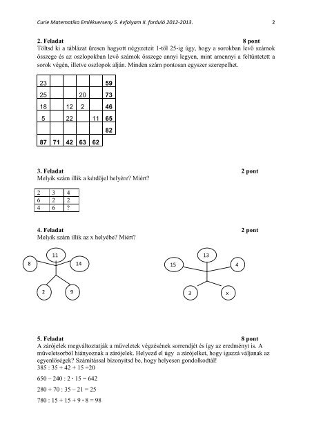 Curie Matematika EmlÃ©kverseny 1. Feladat 14 pont VÃ¡laszd ki a ...