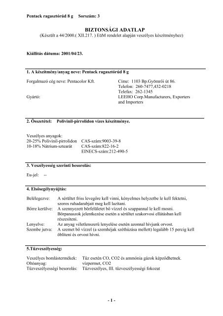 Biztonsági adatlap - Ragasztó stift Pentack 8g.pdf - pannonpapir.hu
