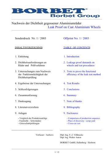 Nachweis der Dichtheit gegossener Aluminiumräder Leak ... - Borbet