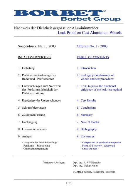Nachweis der Dichtheit gegossener Aluminiumräder Leak ... - Borbet