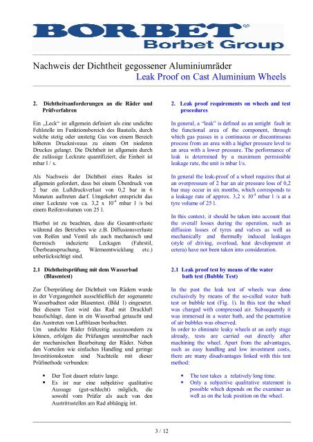 Nachweis der Dichtheit gegossener Aluminiumräder Leak ... - Borbet