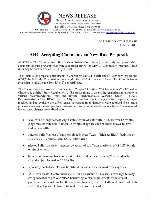 TAHC Accepting Comments on New Rule Proposals - Texas Animal ...