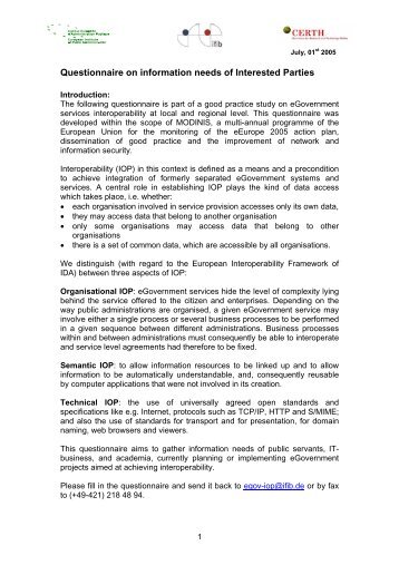 Draft questionnaire for stakeholders II – CERTH proposal - Study on ...