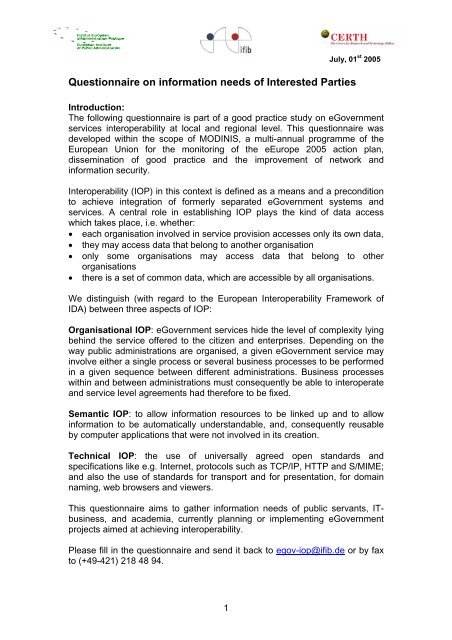 Draft questionnaire for stakeholders II – CERTH proposal - Study on ...