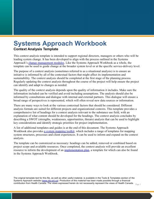 Systems Approach Workbook: Context Analysis Template - EENet