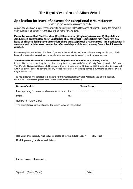 Application Form For Leave Of Absence Royal Alexandra And Albert