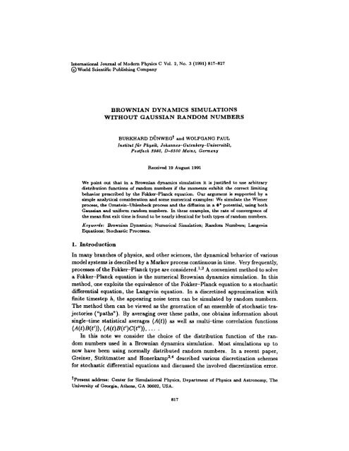 BROWNIAN DYNAMICS SIMULATIONS WITHOUT GAUSSIAN RANDOM NUMBERS - Lammps