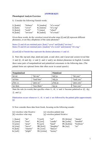 ANSWER KEY Phonological Analysis Exercises 1. Consider the ...