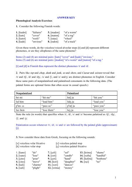 Answer Key Phonological Analysis Exercises 1 Consider The