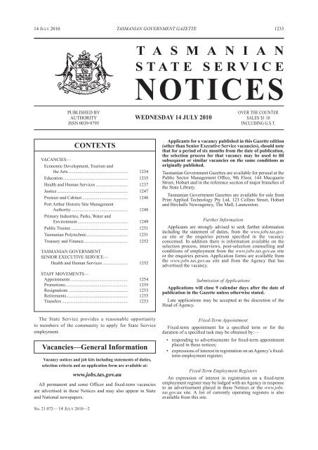 21072-2 State Service Notices 14 July 2010 - Tasmanian ...