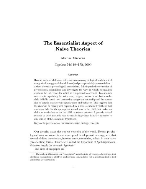 The Essentialist Aspect of Naive Theories - Michael Strevens