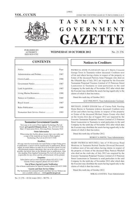 10 October 2012 - Tasmanian Government Gazette