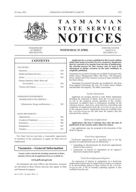 State Service Notices 25 April 2012 - Tasmanian Government Gazette