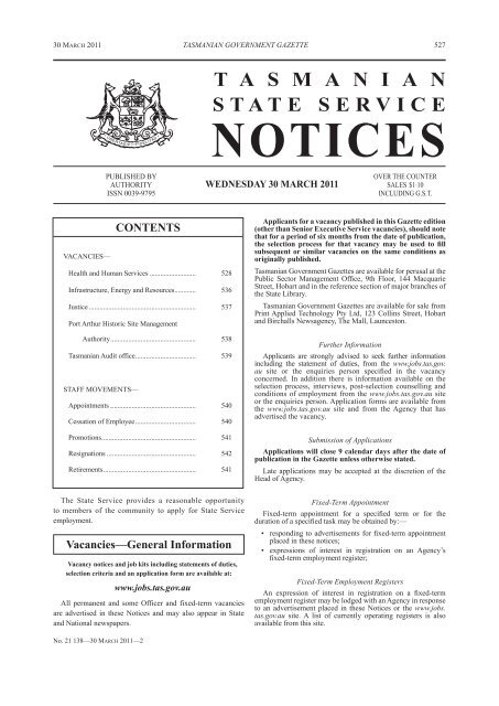 State Service Notices 30 March 2011 - Tasmanian Government ...