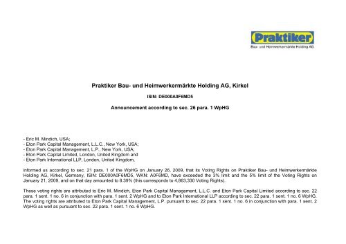 Praktiker Bau- und Heimwerkermärkte Holding AG, Kirkel