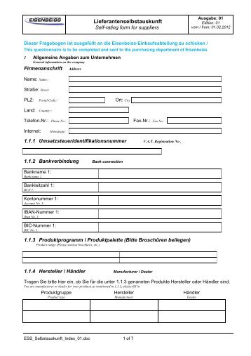 Lieferantenselbstauskunft / Self rating form for suppliers ... - Eisenbeiss