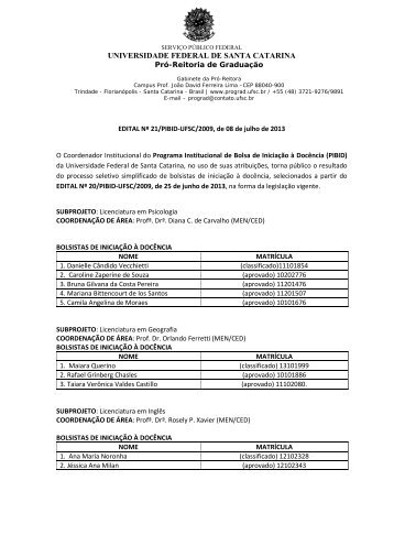 Edital nÂº 21 Pibid - Universidade Federal de Santa Catarina - UFSC