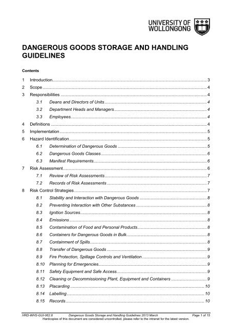 Dangerous Goods Storage and Handling Guidelines - Staff