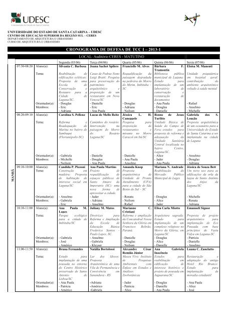 CRONOGRAMA DE DEFESA DE TCC I â 2013-1 - Ceres - Udesc