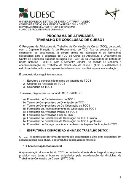 PROGRAMA DE ATIVIDADES TRABALHO DE ... - Ceres - Udesc