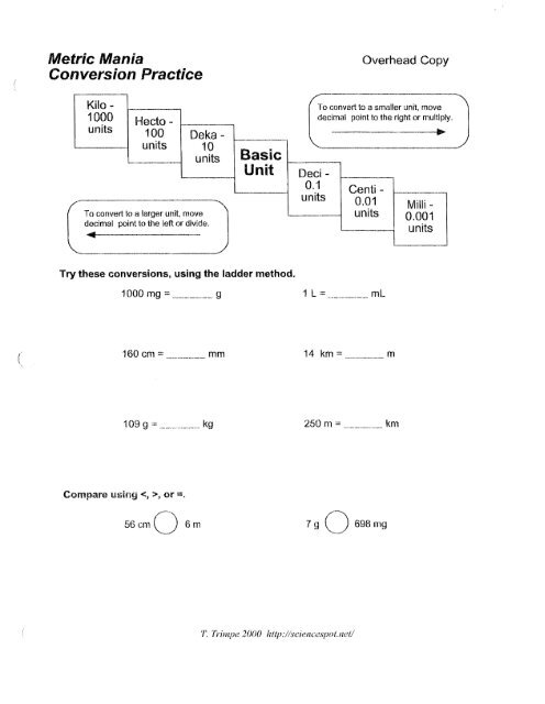 Metric Mania Conversion Practice Basic Unit