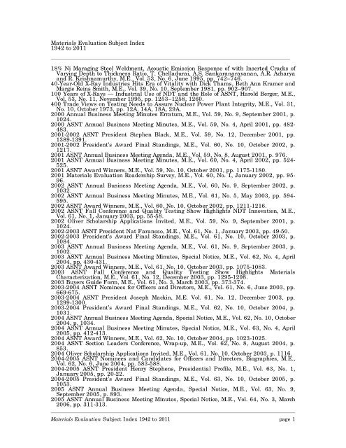 Materials Evaluation Subject Index - The American Society for ...