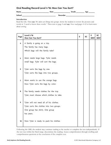 Oral Reading Record Level I/16: How Can You Sort? - Benchmark ...