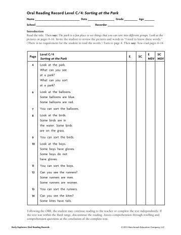 Oral Reading Record Level C/4: Sorting at the Park - Benchmark ...