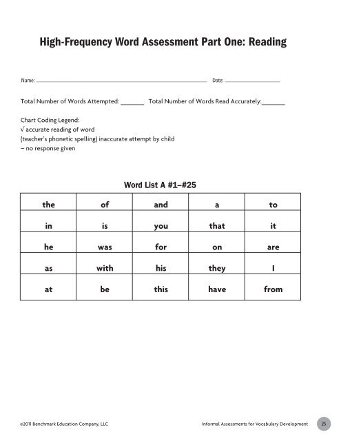 Reading Assessment Chart