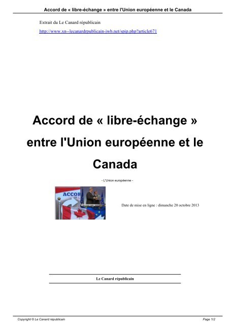 Accord de Â« libre-Ã©change Â» entre l'Union europÃ©enne et le Canada