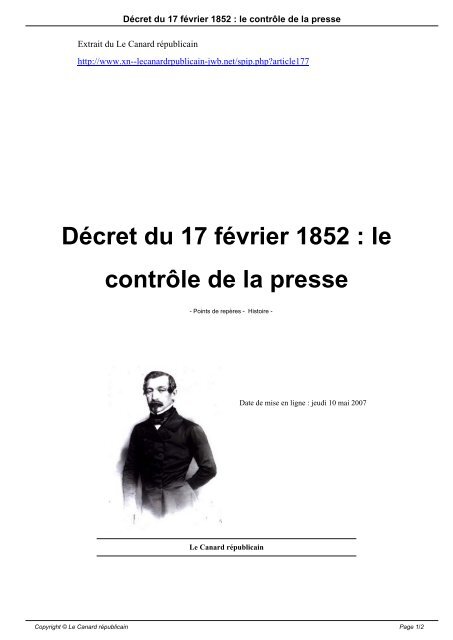 DÃ©cret du 17 fÃ©vrier 1852 : le contrÃ´le de la presse - Le Canard ...