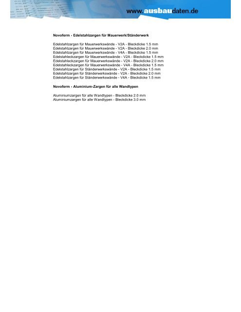 Novoferm Türumfassungszargen 020 - Daten für den Ausbau