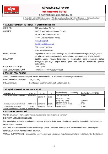 MSDS / GÃ¼venlik Bilgi Formu - Dyo